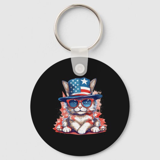 Grappige kat Patriottische Vlag van de VS Amerikaa Sleutelhanger (Voorkant)