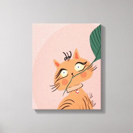 Grappige Kat Plant Blad Cartoon Canvas Afdruk (Voorkant)
