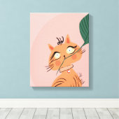 Grappige Kat Plant Blad Cartoon Canvas Afdruk (Insitu (Houten vloer))