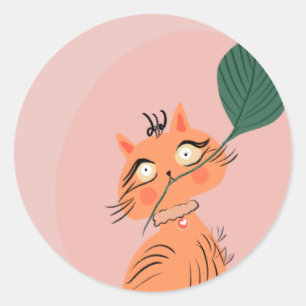 Grappige Kat Plant Blad Cartoon Ronde Sticker