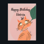 Grappige kat plant blad cartoon verjaardag  Briefkaart<br><div class="desc">Kat met mijn planten kunstprint origineel handgetekend</div>