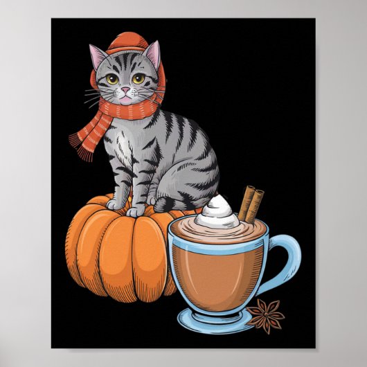 Grappige Kat Pompoen Kruiden Koffie Thanksgiving H Poster (Voorkant)
