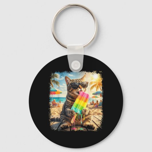 Grappige Kat Popsicle Zomer Dier Zonnebril Meme Sleutelhanger (Voorkant)