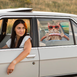 Grappige Kat Rijden Auto Shade 16" x 12" Raamsticker