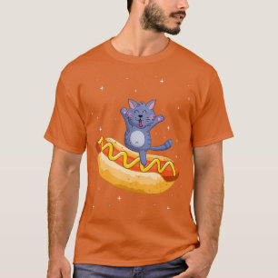 Grappige kat rijden enorme hotdog in de ruimte gek t-shirt