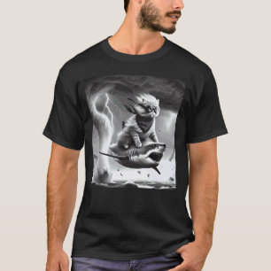 Grappige kat rijdt op een haai in tornado meme t-shirt