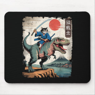 Grappige kat rijdt op t rex Japanse ukiyo-e kunst Muismat