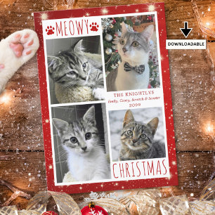 Grappige Kat Rode MEOWY KERSTMIS 4 Foto's Feestdagenkaart