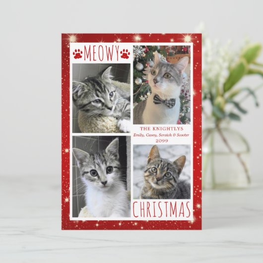 Grappige Kat Rode MEOWY KERSTMIS 4 Foto's Feestdagenkaart (Staand voorkant)