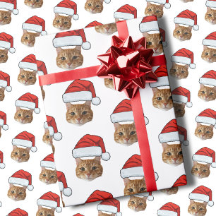 Grappige kat Santa Hat   Aangepaste Gezichtsfoto K Cadeaupapier