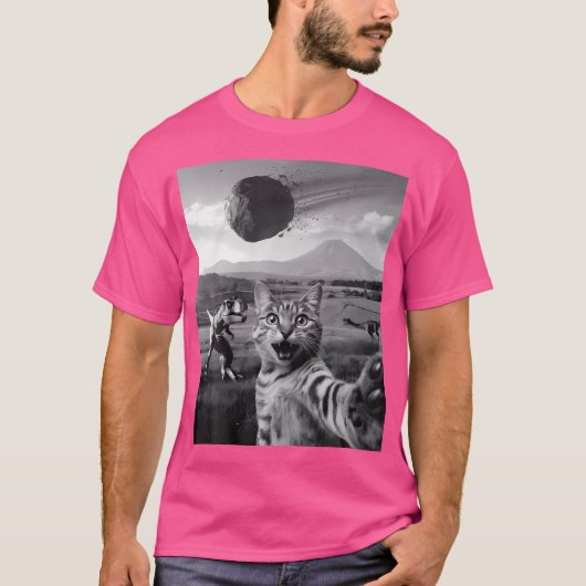 Grappige kat selfie dinosaurus meteoriet asteroïde t-shirt (Voorkant)