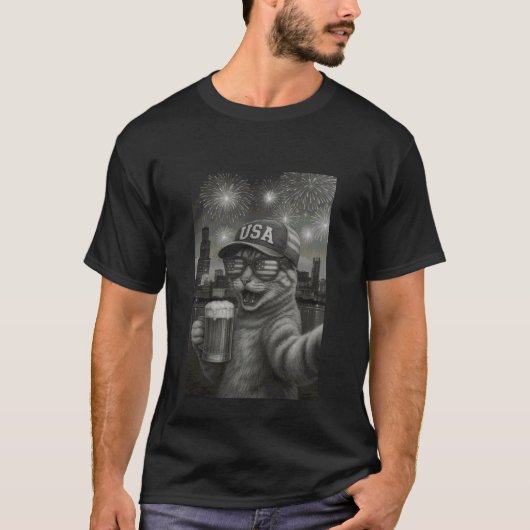 Grappige kat selfie met Alien UFO Chicago 4 juli T-shirt (Voorkant)