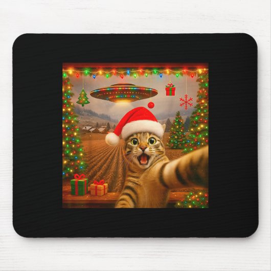 Grappige kat selfie met Alien Ufo kerstverlichting Muismat (Voorkant)