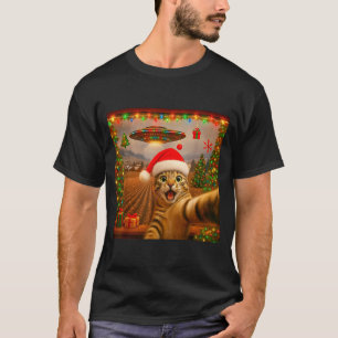 Grappige kat selfie met Alien Ufo Kerstverlichting T-shirt