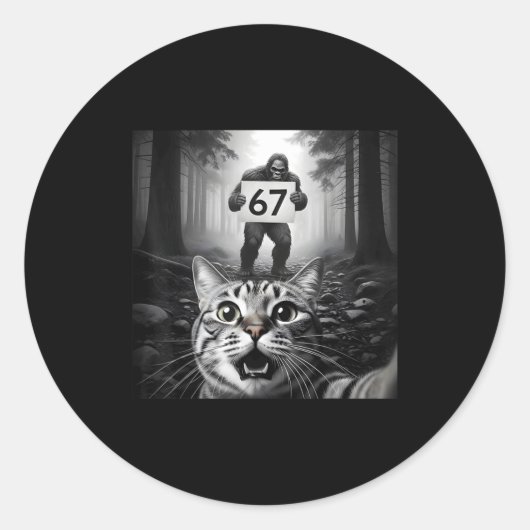 Grappige kat selfie met Bigfoot 67 Six Seven Meme Ronde Sticker (Voorkant)