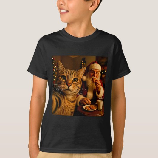 Grappige kat selfie met kerstman kerst meme t-shirt (Voorkant)