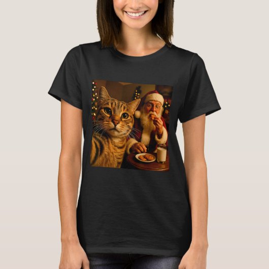 Grappige kat selfie met kerstman kerst meme t-shirt (Voorkant)