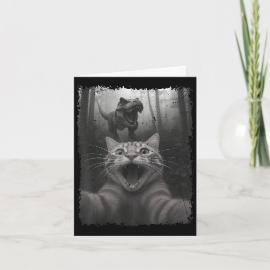 Grappige kat selfie met T-rex dinosaurus zwart en  Kaart (Voorkant)