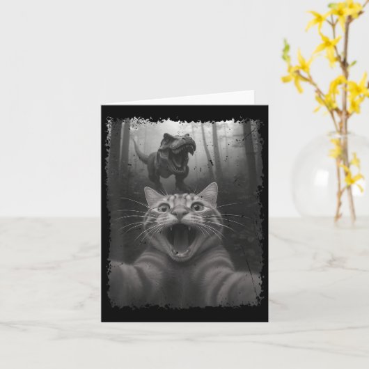 Grappige kat selfie met T-rex dinosaurus zwart en  Kaart (Gele Bloem)
