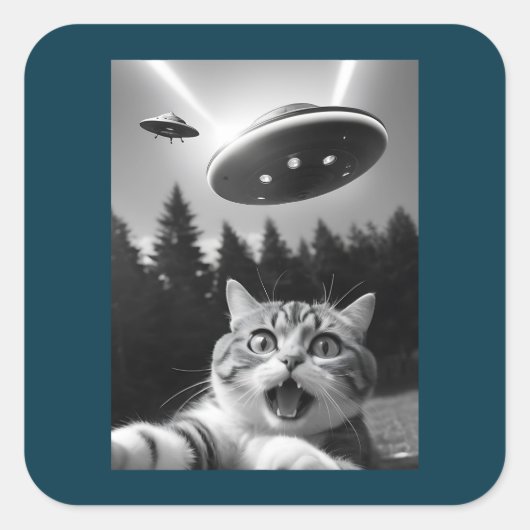 Grappige Kat Selfie met UFO Alien Vierkante Sticker (Voorkant)