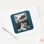 Grappige Kat Selfie met UFO Alien Vierkante Sticker (Envelop)
