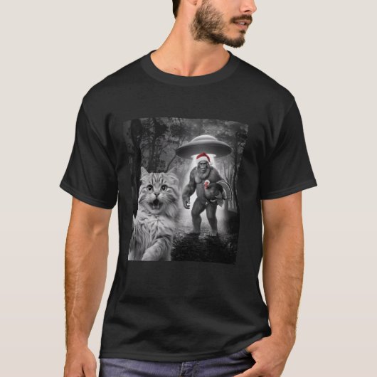 Grappige kat Selfie met UFO Bigfoot Houd Turkije d T-shirt (Voorkant)