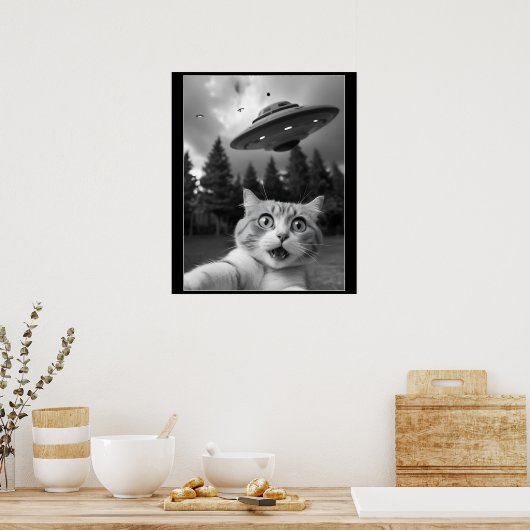 Grappige kat selfie met UFO buitenaardse drones Poster (Keuken)