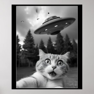 Grappige kat selfie met UFO buitenaardse drones Poster