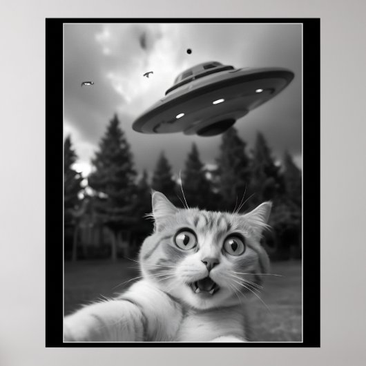 Grappige kat selfie met UFO buitenaardse drones Poster (Voorkant)