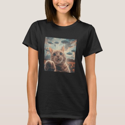 Grappige kat selfie met ufo's kat meme t-shirt (Voorkant)