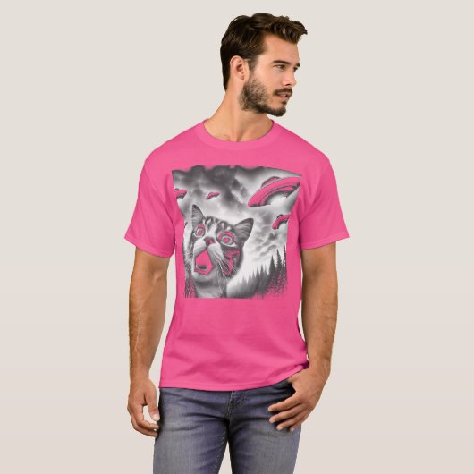 Grappige kat selfie met ufo's t-shirt (Voorkant volledig)