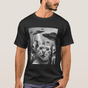 Grappige kat Selfie met UFO's Vredesteken Alien Ca T-shirt
