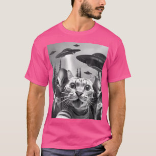 Grappige kat selfie met UFO's Vredesteken Alien Ca T-shirt