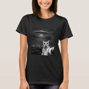 Grappige Kat Selfie UFO T-shirt Alien Invasie Scie