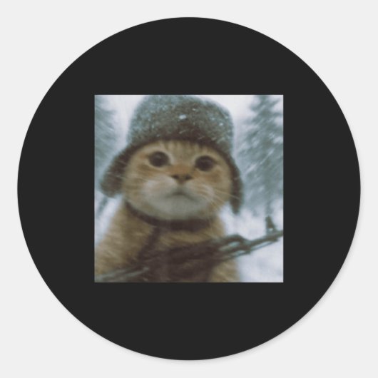 Grappige Kat Sneeuw Kitten Soldaat Selfie Met Gewe Ronde Sticker (Voorkant)