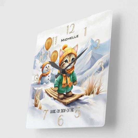 Grappige Kat Snowboarden Winter Kinder Vierkante Klok (Hoek)