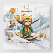 Grappige kat snowboarden winter kinderen vierkante klok (Voorkant)
