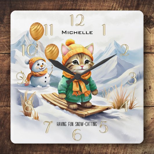 Grappige kat snowboarden winter kinderen vierkante klok