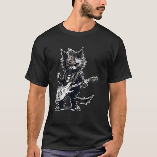 Grappige kat spelen gitaar liefhebber rocker zwaar t-shirt (Voorkant)