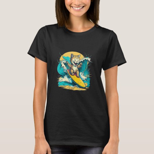 Grappige kat surfen op Ocean Wave Vakantie T-shirt (Voorkant)
