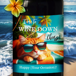 Grappige Kat Tropisch Strand Wijn Label Etiket