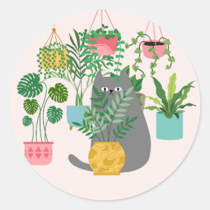 Grappige kat tussen planten ronde sticker