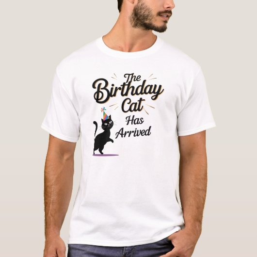 Grappige kat verjaardagsfeestje aankomst t-shirt (Voorkant)