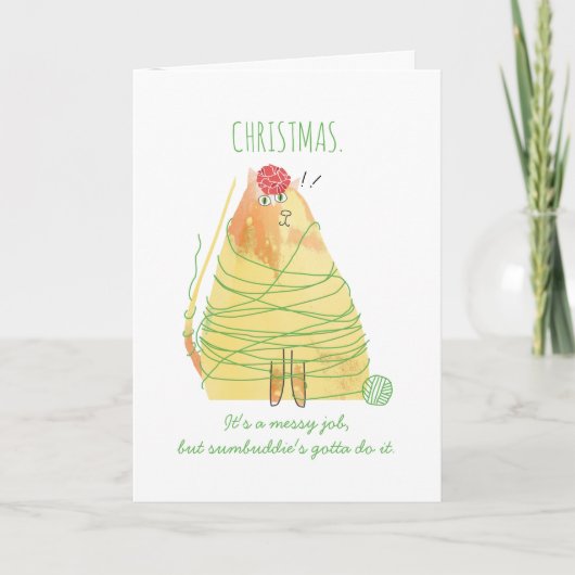 Grappige kat verward garen breien haakkerst feestdagen kaart (Voorkant)