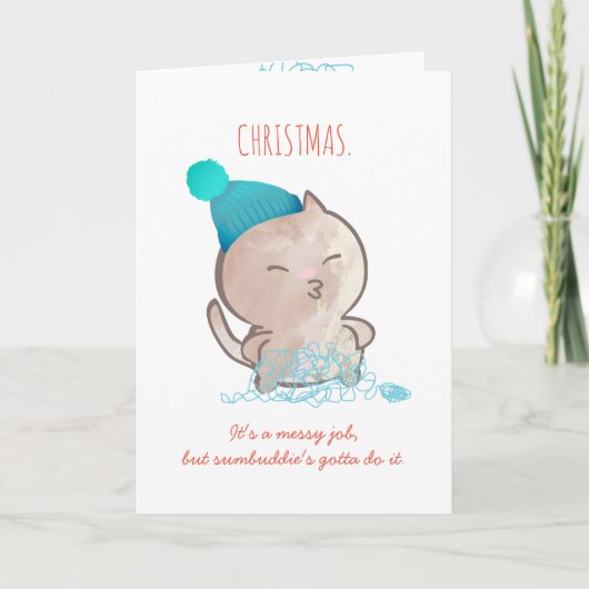 Grappige kat verward garen breien haakkerst feestdagen kaart (Voorkant)