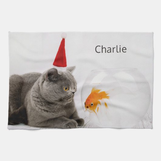 Grappige kat & vis handdoek met eigen naam (Horizontaal)