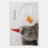 Grappige kat & vis handdoek met eigen naam (Verticaal)