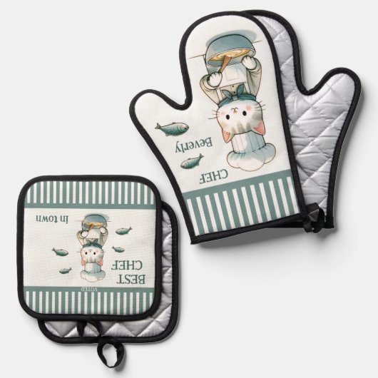 Grappige Kat Vis Zeevruchten Chef Ovenwant & Pannenlap Set (Voorkant / Achterkant)