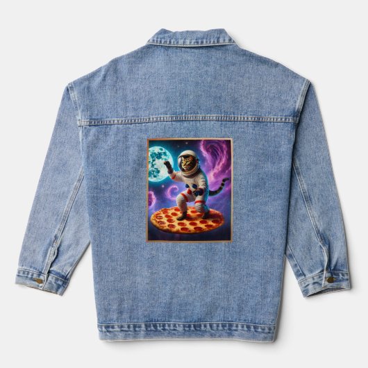 Grappige Kat Vliegen Een Pizza Astronaut Kat Ruimt Denim Jacket (Achterkant)