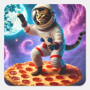 Grappige Kat Vliegen Een Pizza Astronaut Kat Ruimt Vierkante Sticker